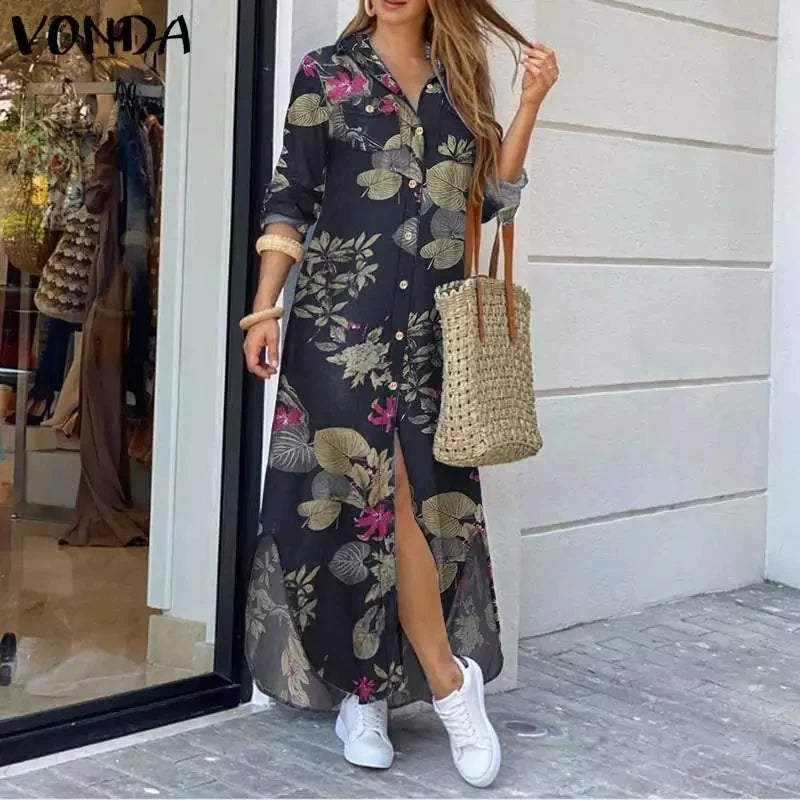Casual Print Long Sleeve Split Maxi Dress