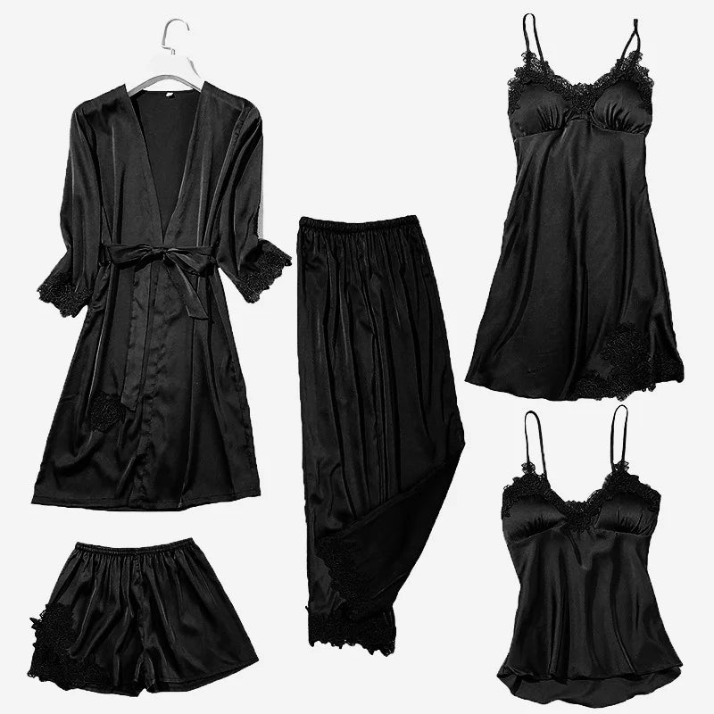 5Pc Satin Lace Pajamas Set