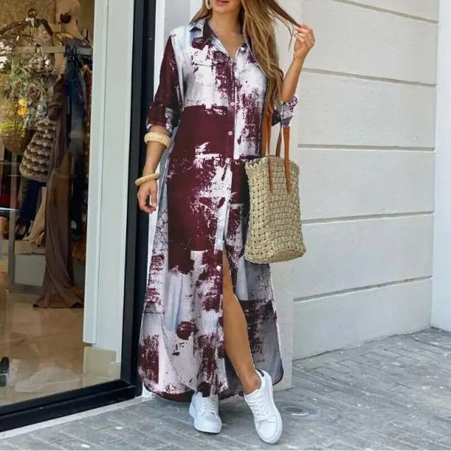 Casual Print Long Sleeve Split Maxi Dress