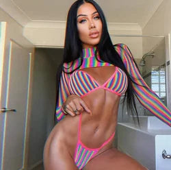 Rainbow Striped 3 Piece Thong Bikini Set