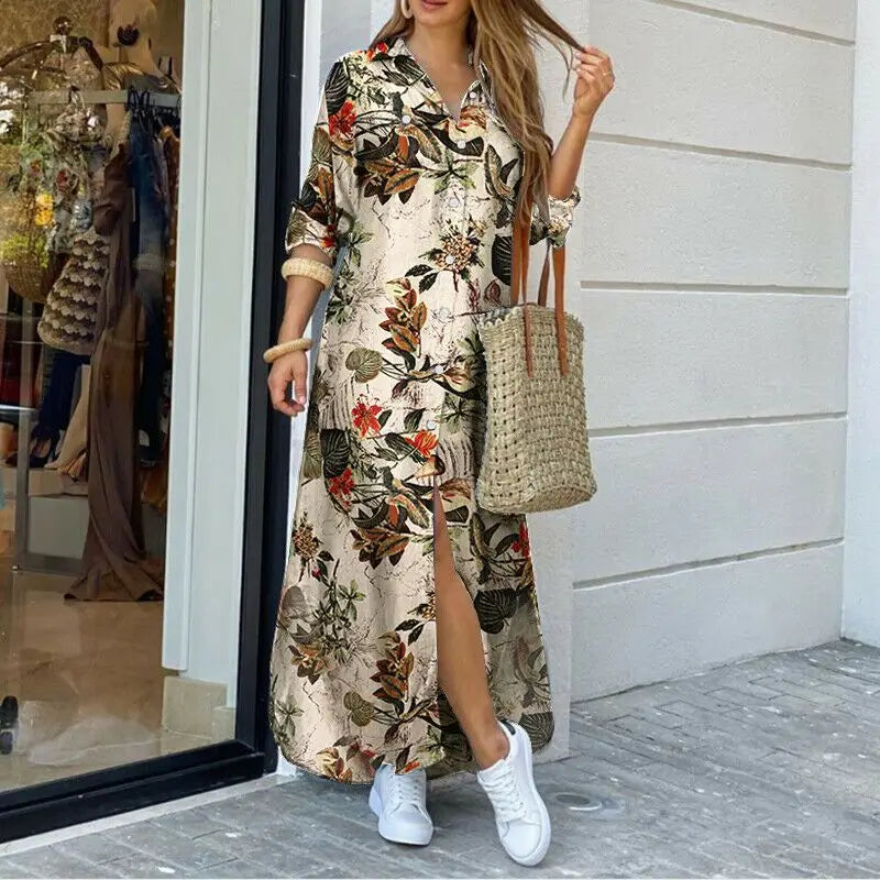 Casual Print Long Sleeve Split Maxi Dress