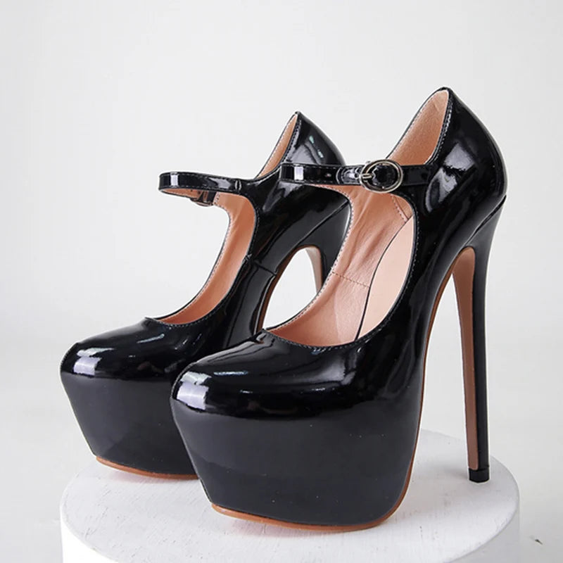 Patent Leather Round Toe Buckle Strap Party Heels
