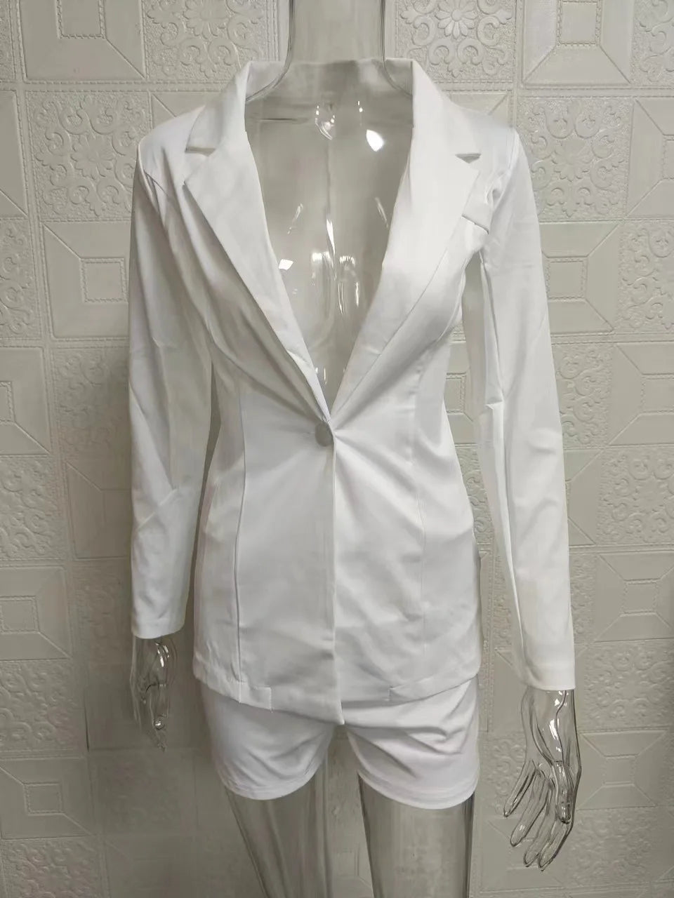 Cheap Elegant Women's Polyester Blazer Suit Set with Single Button Closure & Long Sleeves - Solid Color Casual Office