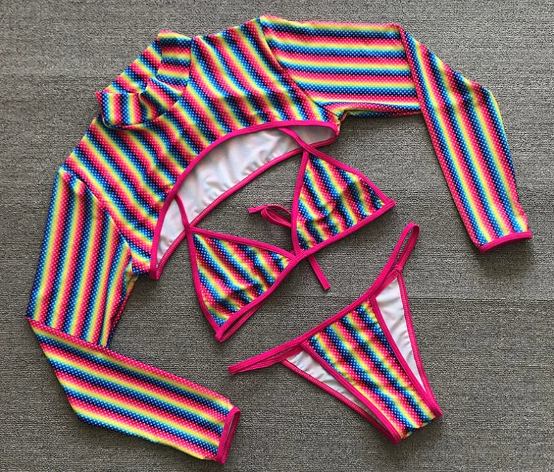 Rainbow Striped 3 Piece Thong Bikini Set
