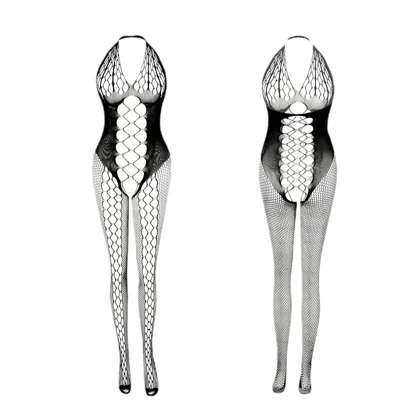 Fishnet Mesh Halter Neck Open Crotch Bodysuit