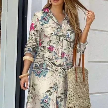 Casual Print Long Sleeve Split Maxi Dress