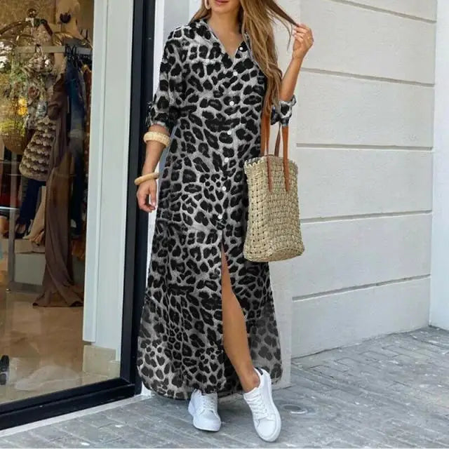 Casual Print Long Sleeve Split Maxi Dress