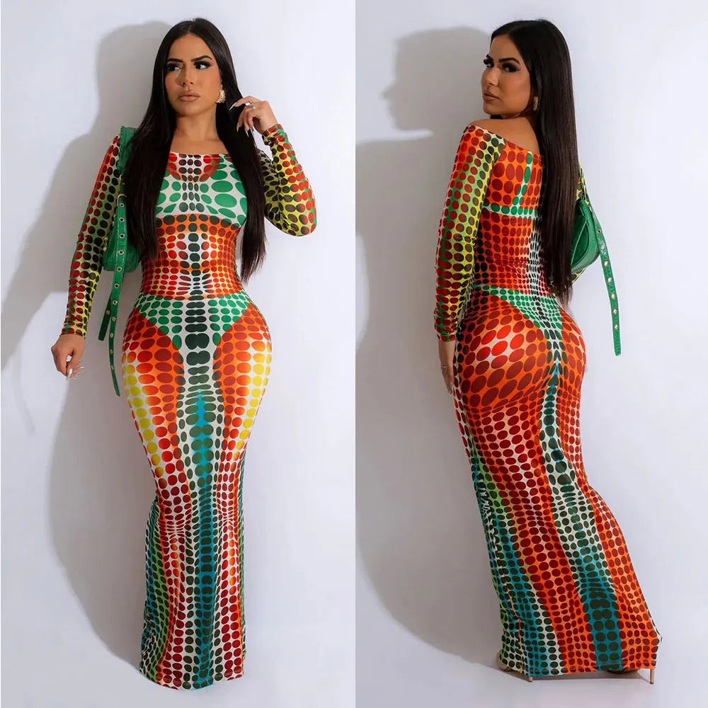 Casual Digital Printed Long Sleeve Maxi Dress