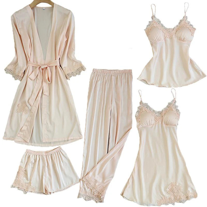 5Pc Satin Lace Pajamas Set
