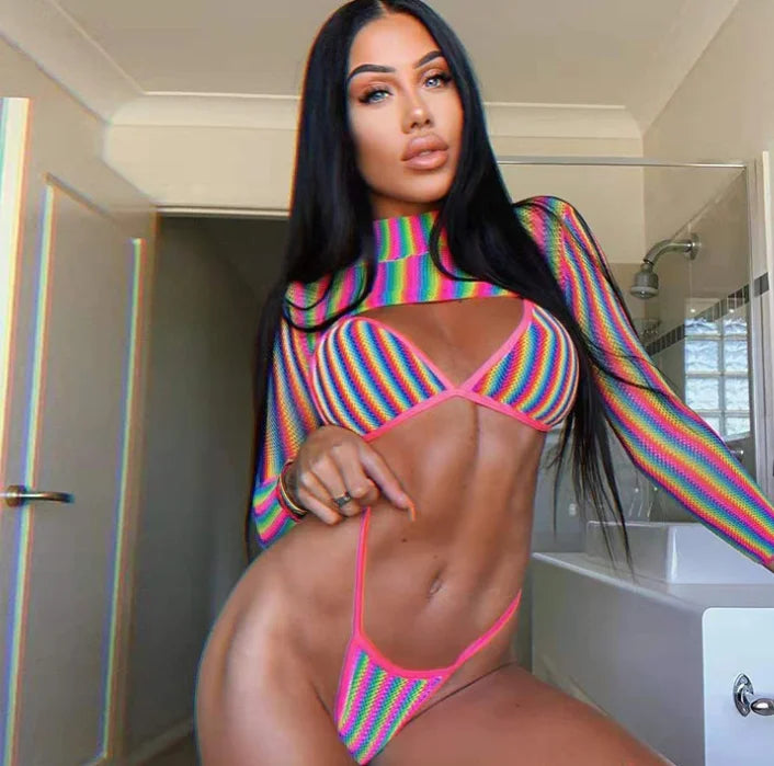 Rainbow Striped 3 Piece Thong Bikini Set