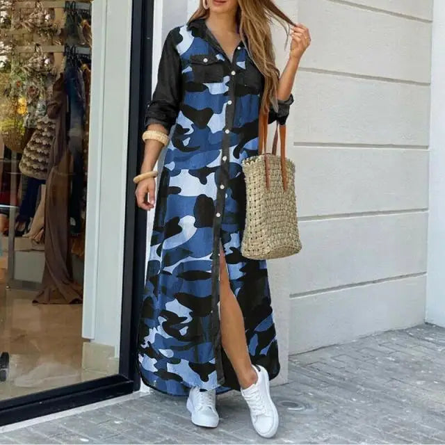 Casual Print Long Sleeve Split Maxi Dress