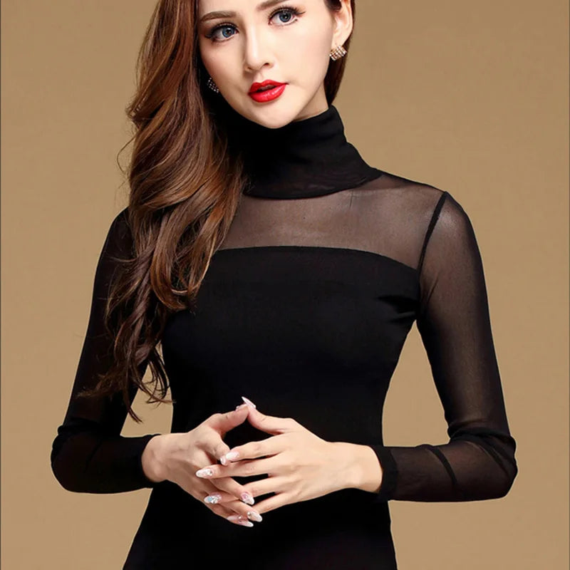 Elastic Sheer Arm Turtleneck Top