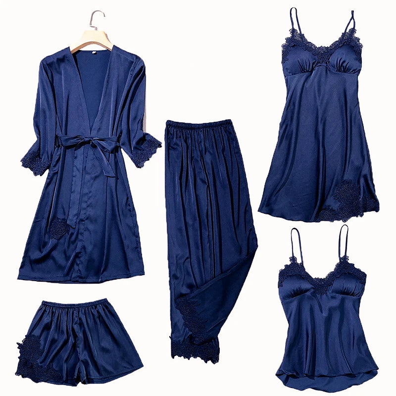 5Pc Satin Lace Pajamas Set