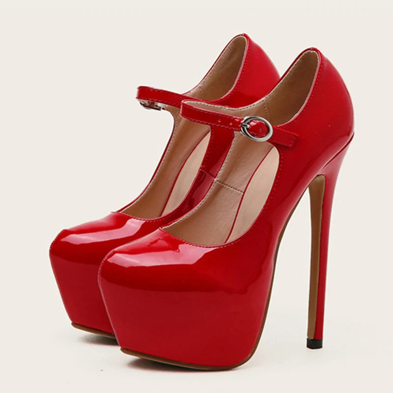 Patent Leather Round Toe Buckle Strap Party Heels