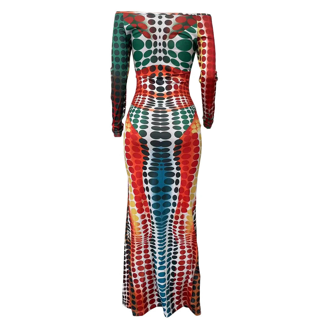 Casual Digital Printed Long Sleeve Maxi Dress
