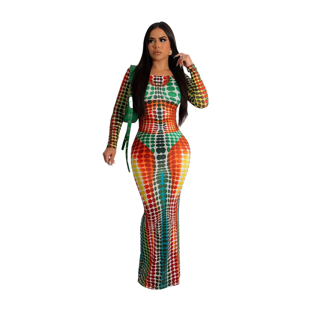 Casual Digital Printed Long Sleeve Maxi Dress