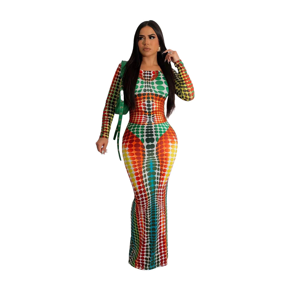 Casual Digital Printed Long Sleeve Maxi Dress