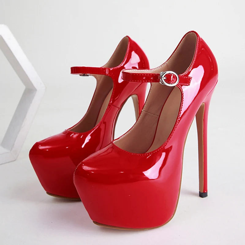 Patent Leather Round Toe Buckle Strap Party Heels