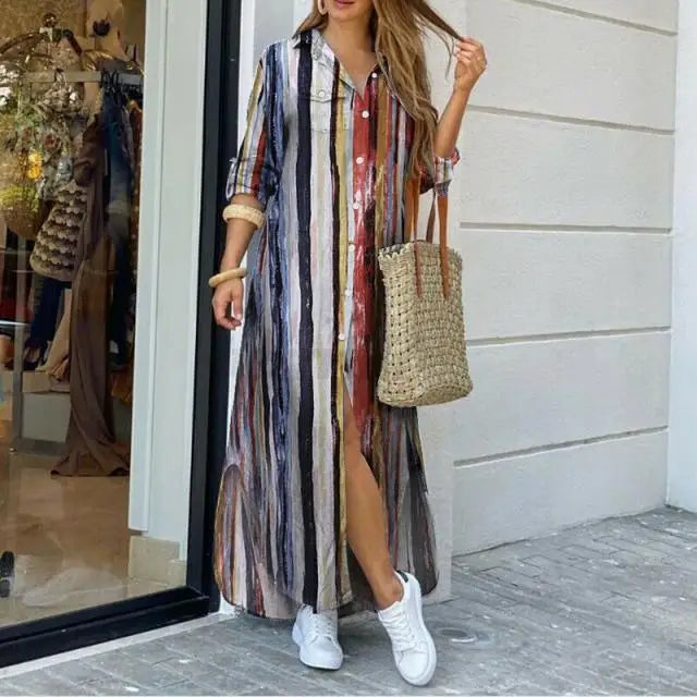 Casual Print Long Sleeve Split Maxi Dress