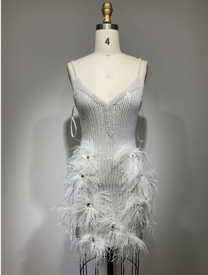 ED2409 High Quality Wholesale Clothing Feathers Beading Women Fashion Evening Party Dresses Rhinestone Crystal Dresses