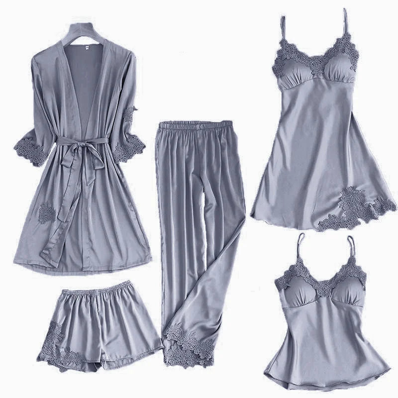 5Pc Satin Lace Pajamas Set