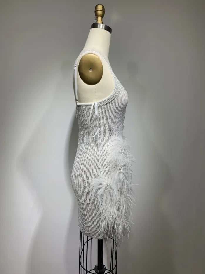 ED2409 High Quality Wholesale Clothing Feathers Beading Women Fashion Evening Party Dresses Rhinestone Crystal Dresses