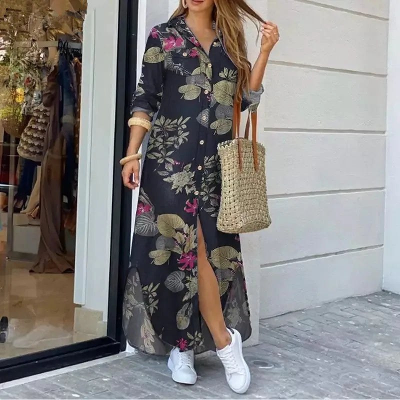 Casual Print Long Sleeve Split Maxi Dress