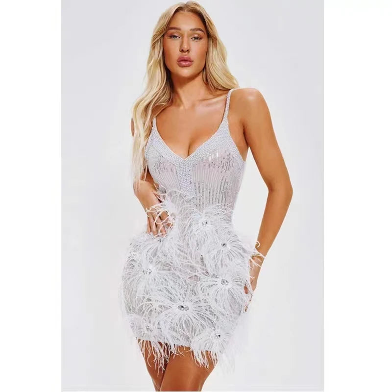ED2409 High Quality Wholesale Clothing Feathers Beading Women Fashion Evening Party Dresses Rhinestone Crystal Dresses