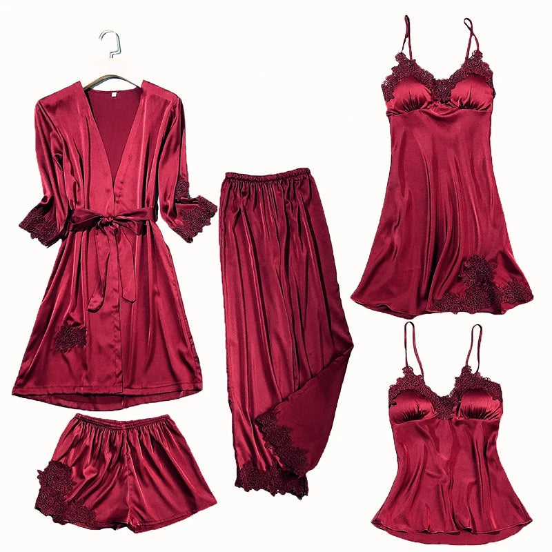 5Pc Satin Lace Pajamas Set