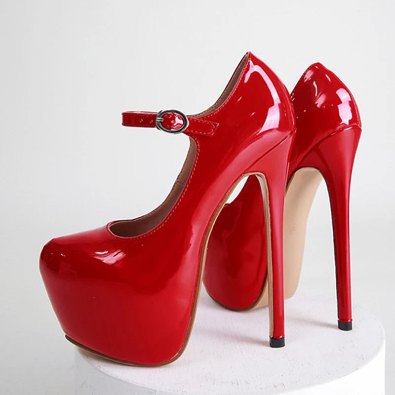 Patent Leather Round Toe Buckle Strap Party Heels