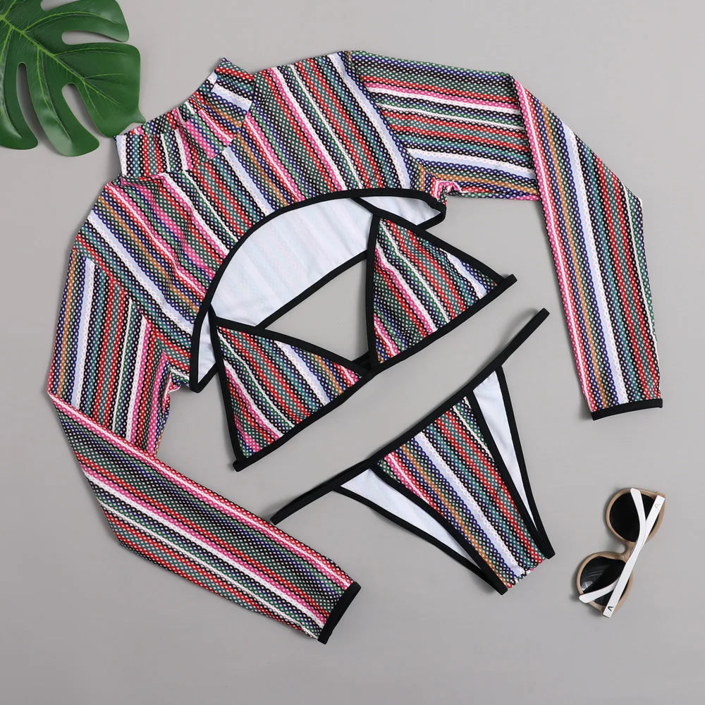 Rainbow Striped 3 Piece Thong Bikini Set