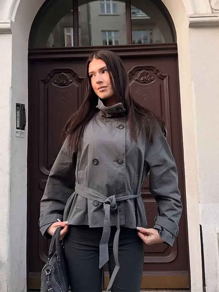 Double Breasted Self-Tie Cropped Trench Coat