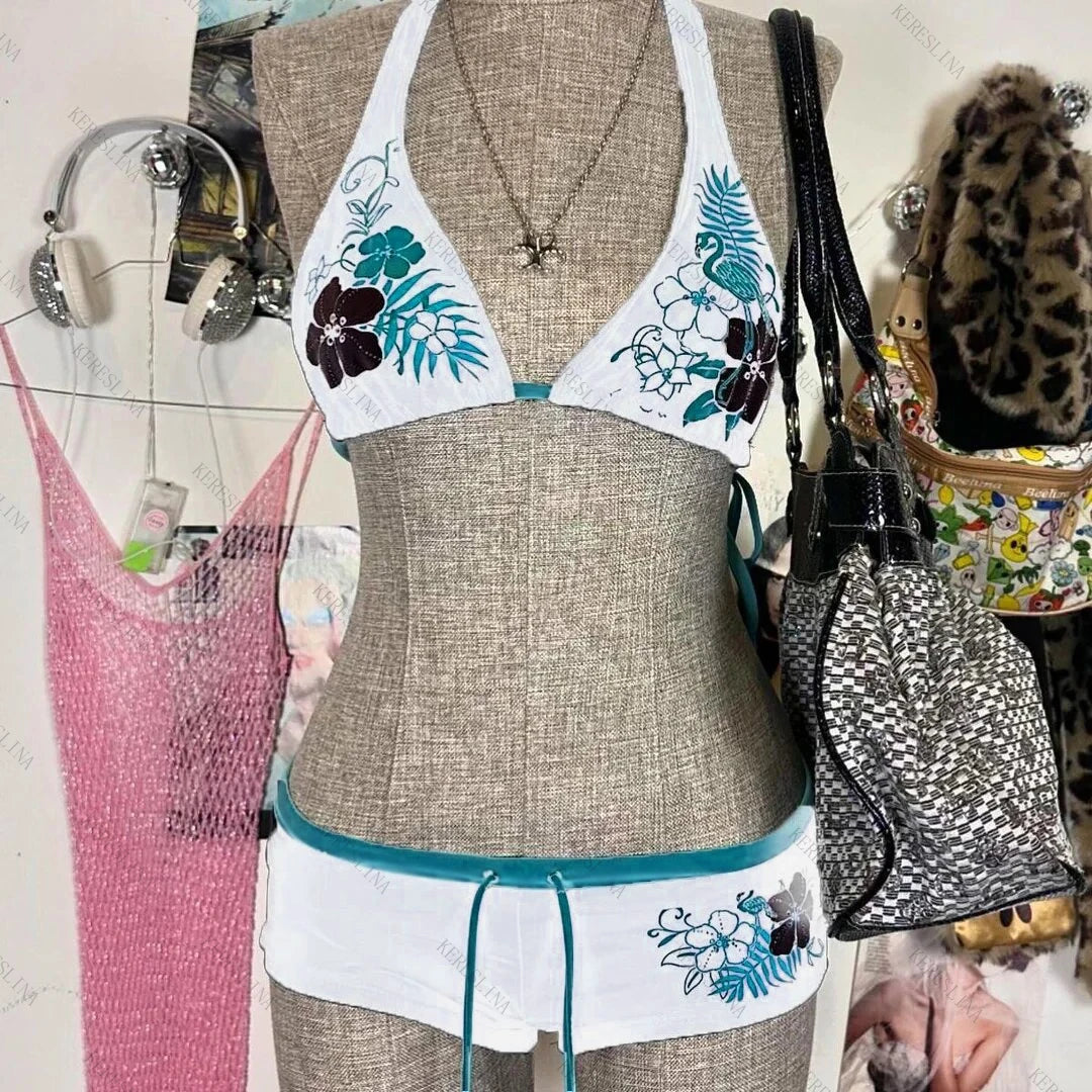 Vintage Flower Print Halter Strap Shorts Bikini