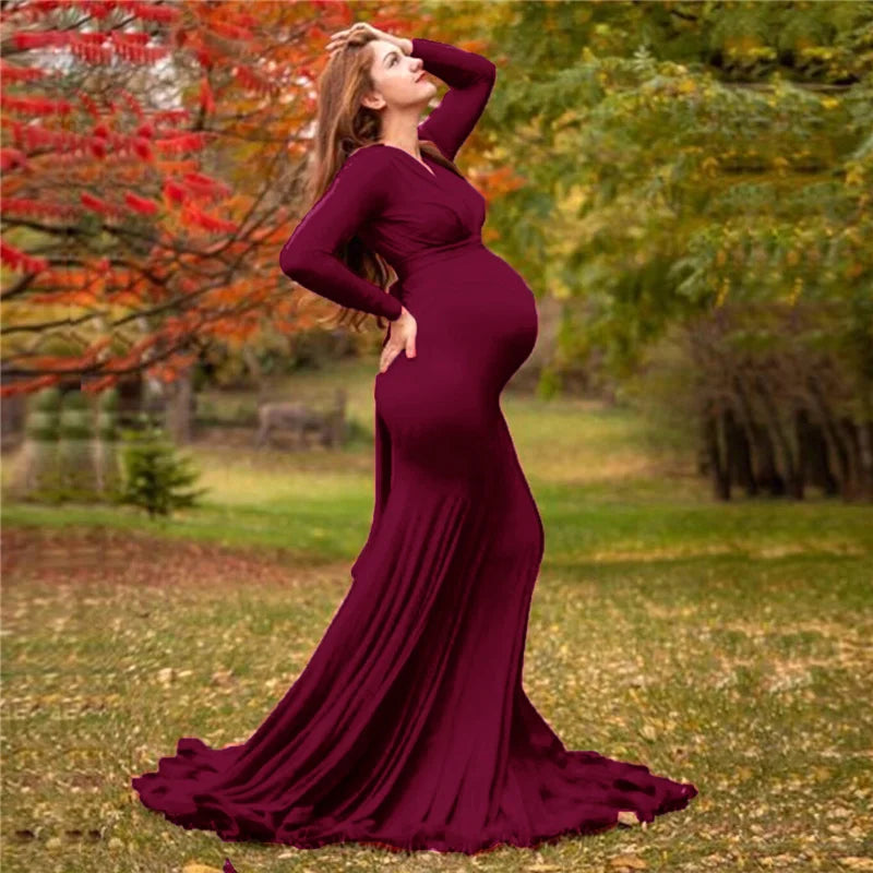 Elegant Long Sleeve V-Neck Photo Shoot Maternity Dress