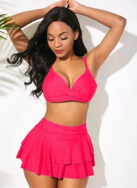 Ruffled Maple Gradient Beach Print Push Up Skirt Swimsuit