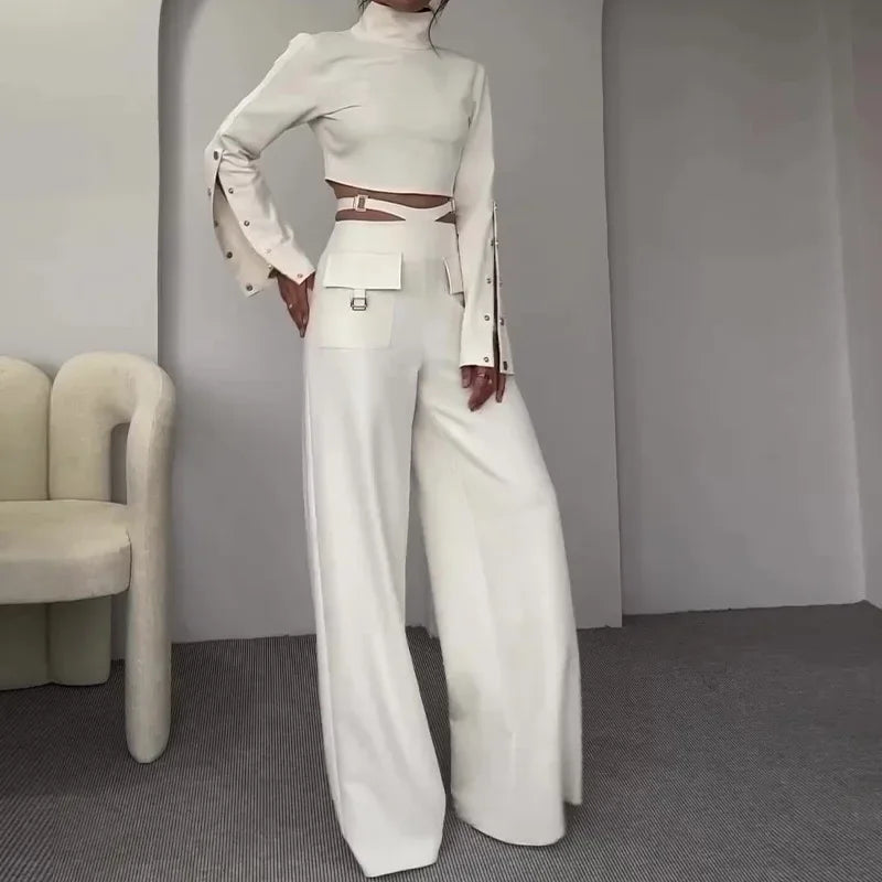 Full Sleeve Turtleneck Top Wide Leg Long Pants Set