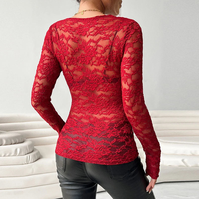 Sexy Floral Lace Long-Sleeve Slim Top
