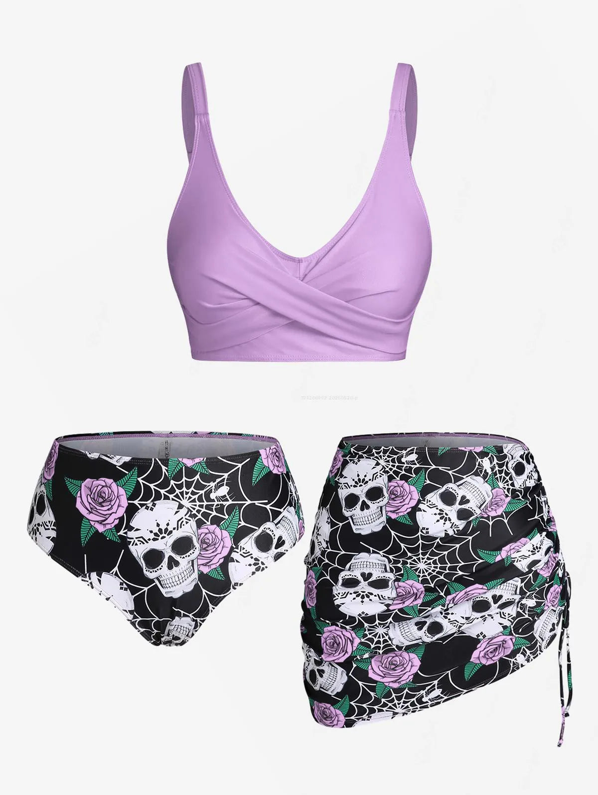 ROSEGAL  Skull Rose Print Crossover Three Piece Swimsuit