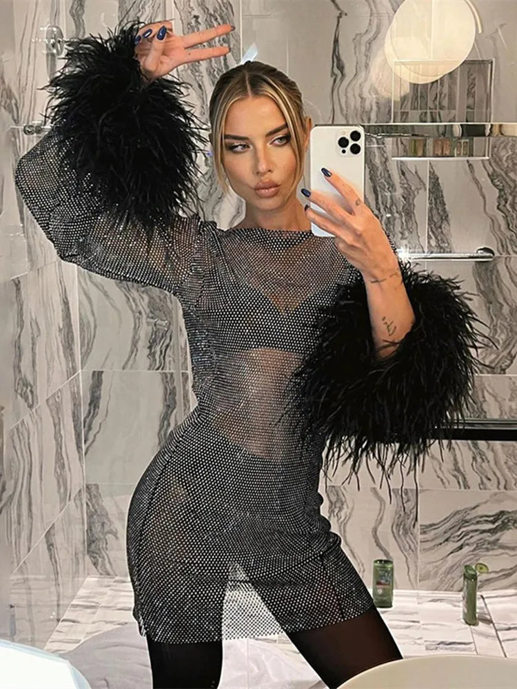 Long Sleeve Tassels See-Through Fishnet Dress
