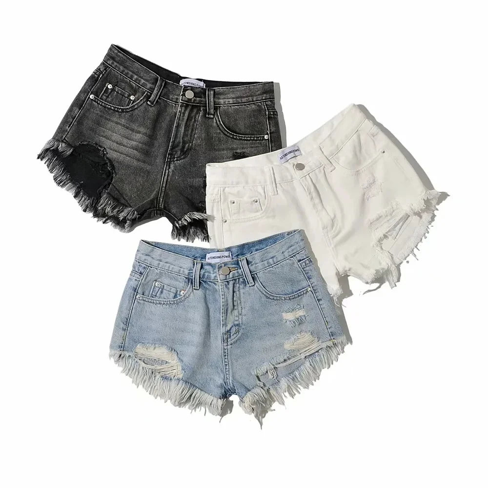 Denim Washed High Waist Hole Spliced Shorts
