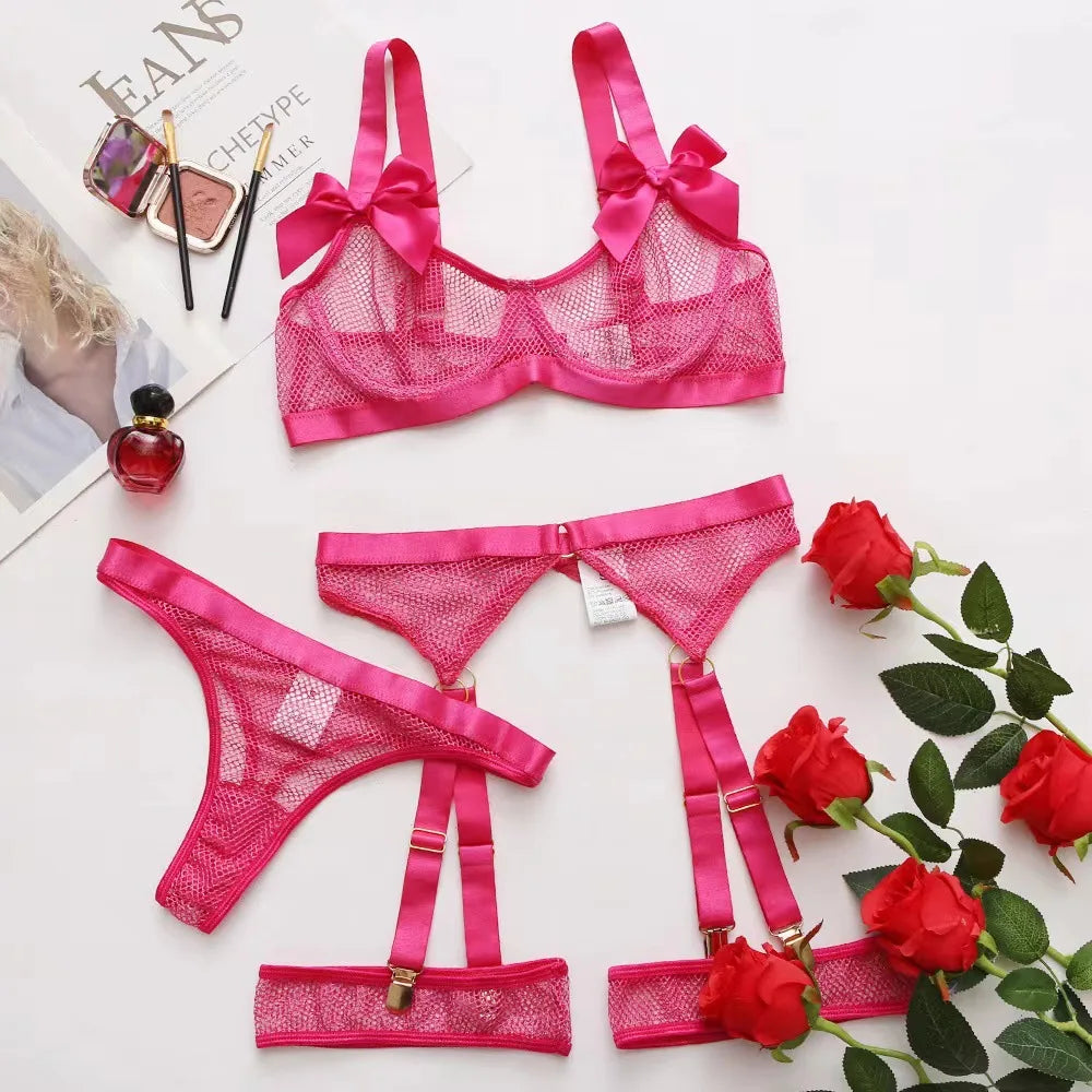 3-Piece Mesh Bra+Thongs+Garter Lingerie