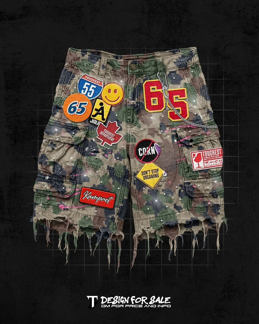 American Retro Camo Embroidery Patch Denim Short Jeans