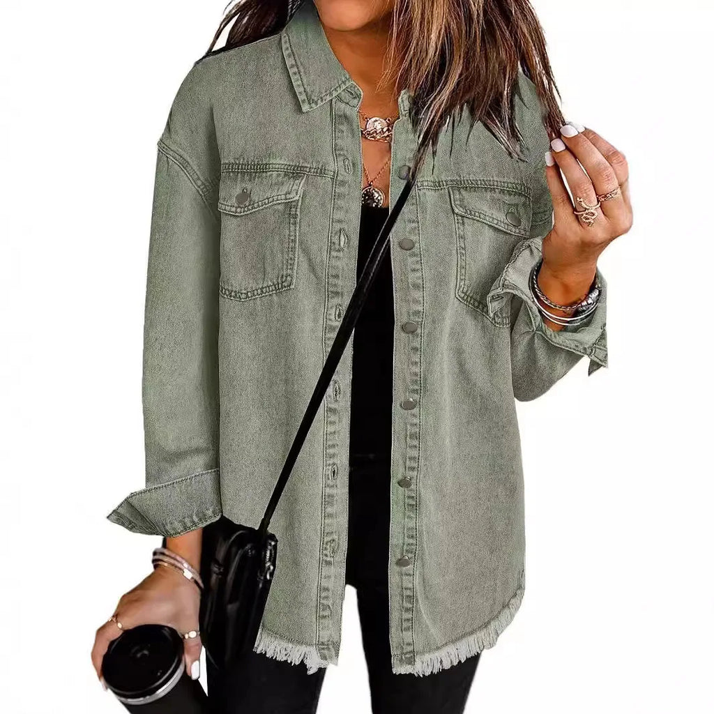 Washed Denim Single Breasted Lapel Shirt Jacket
