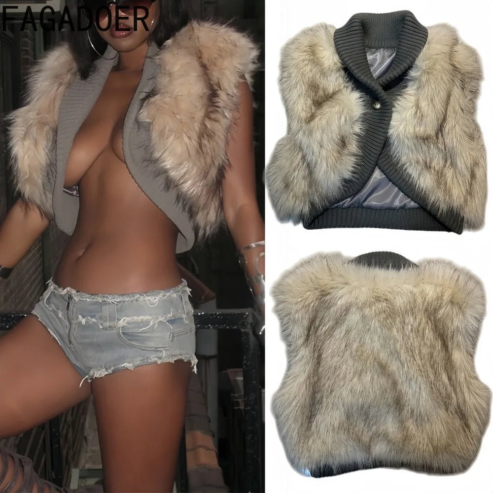 Knit Fur Crop Patchwork Vest Jacket
