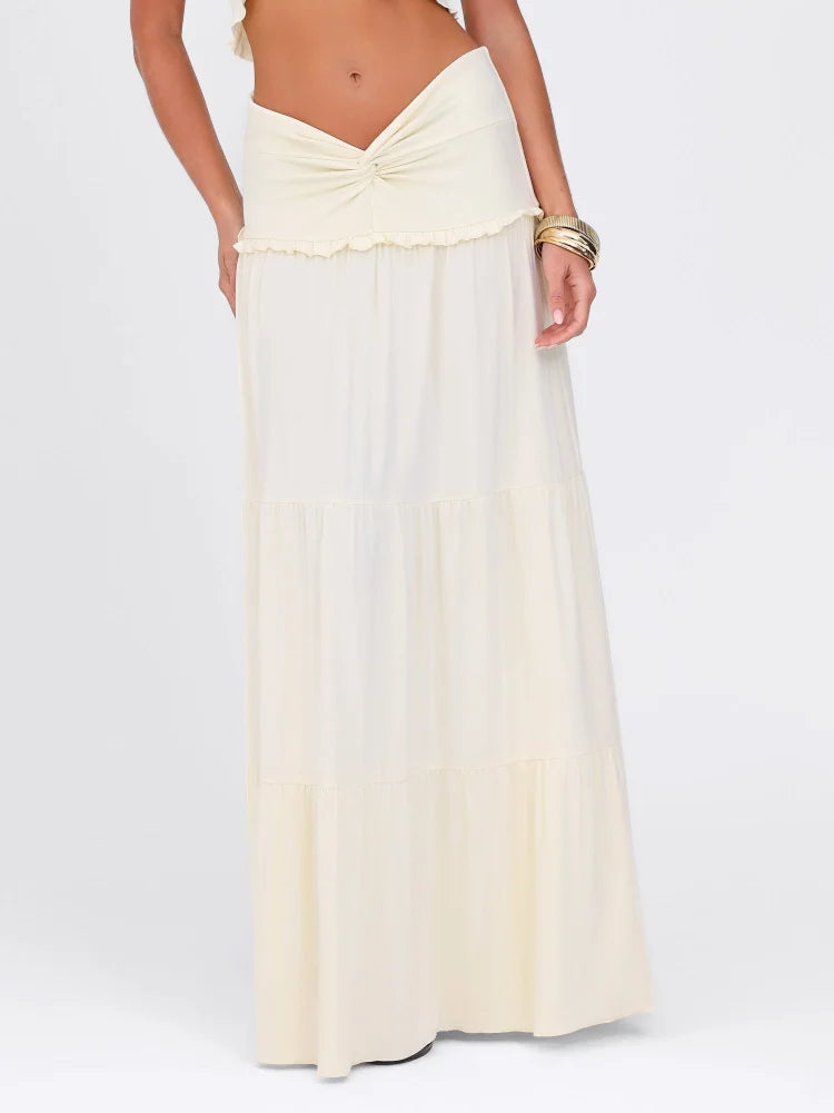 V Neck Pleated Hem Halter & Low Waist Slim Fit Long Skirt