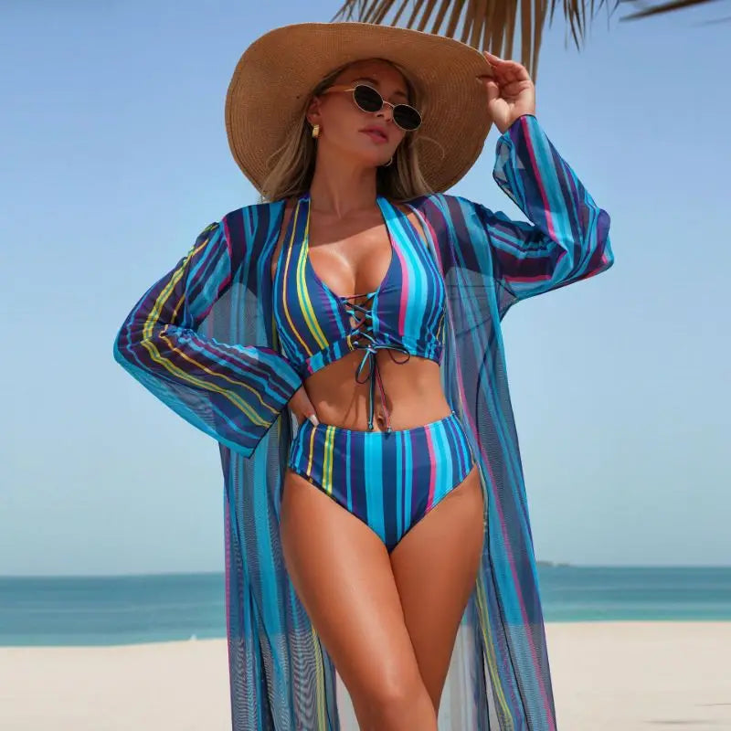 Cikini Striped Three Piece Bathing Suit With Cover Up