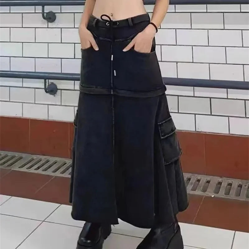 Two Way Detachable Hem Zipper Connection Black Denim Skirt