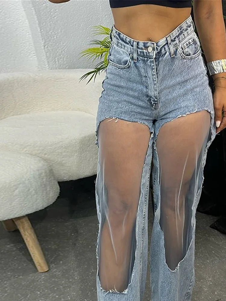 Hollowed Out Gradient Wide Leg Jeans