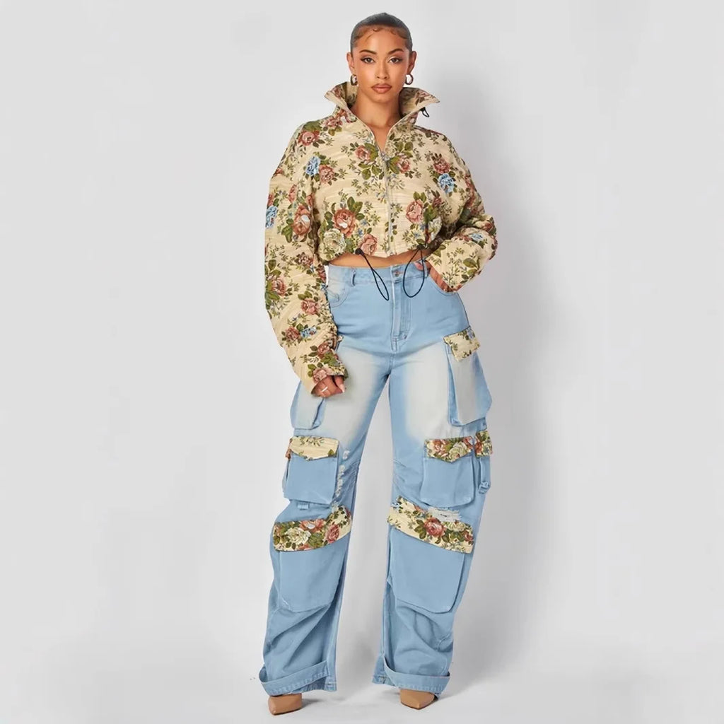 Printed Matching High Waist Straight Jeans Single Breasted Turn Down Collar Set
