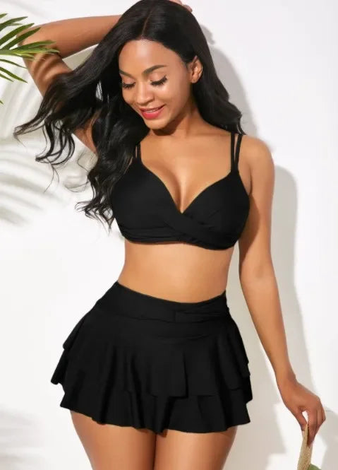 Ruffled Maple Gradient Beach Print Push Up Skirt Swimsuit